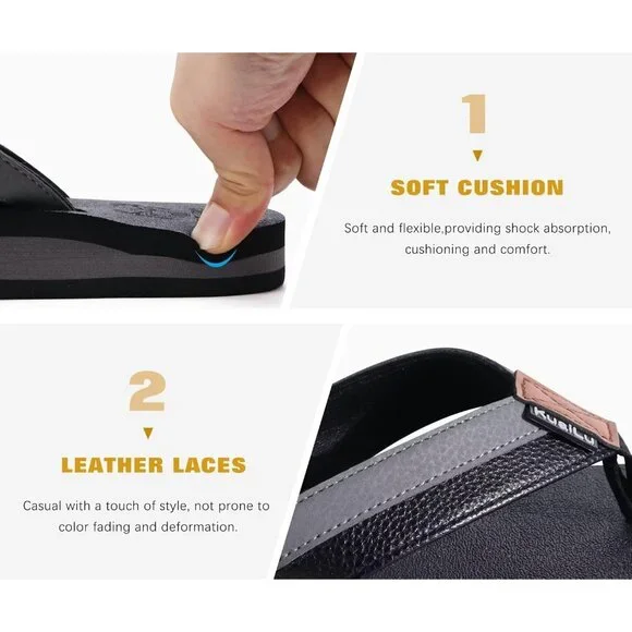 👑Men's Flip Flop Sandal Black Grey Leather Slip On Arch Support Comfortable